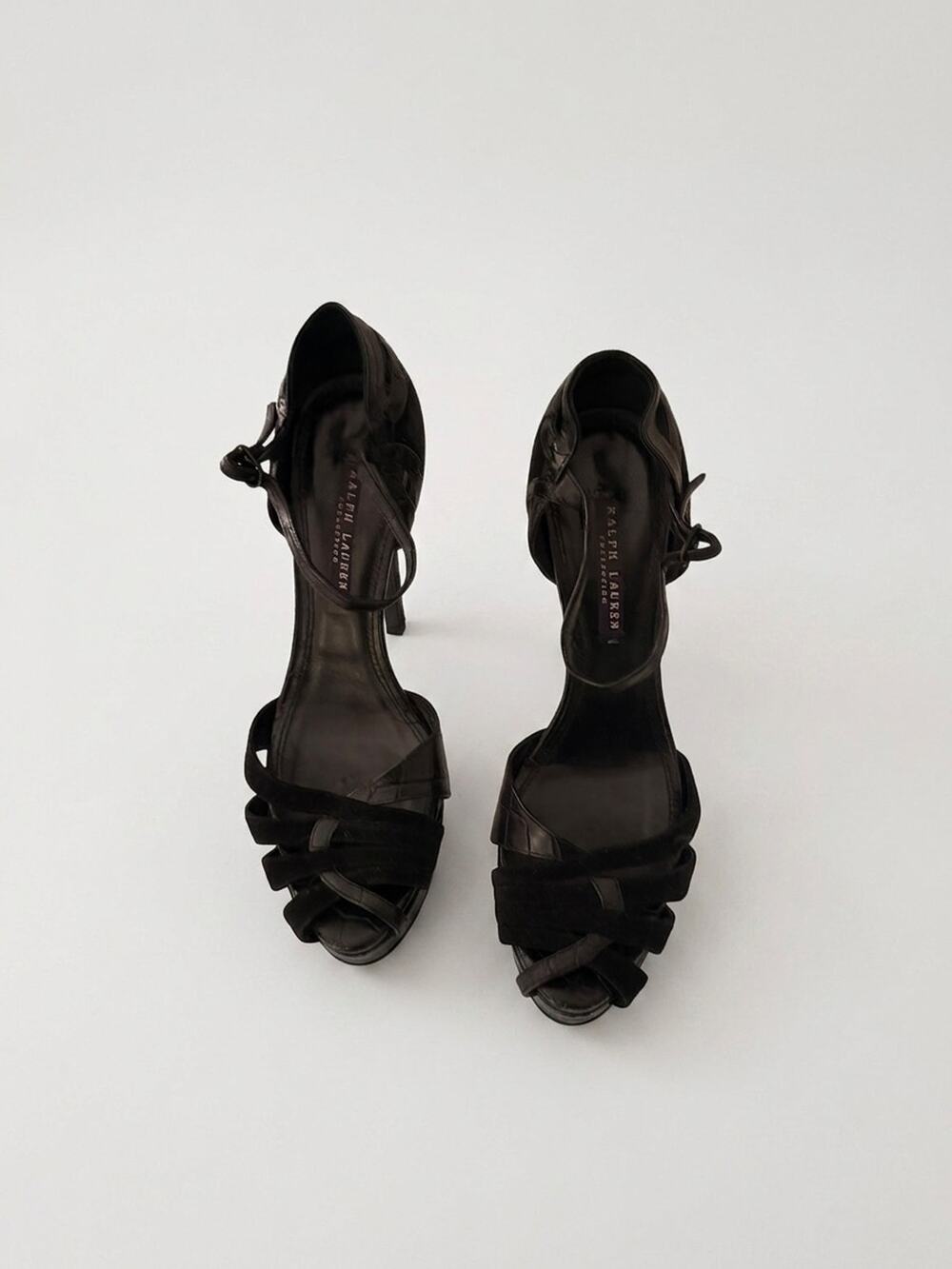 Ralph Lauren Collection Black High Heel Sandals Crocodile Embossed - 39 (US 8)